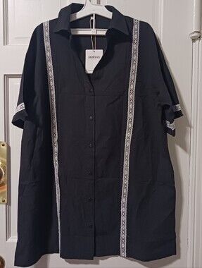 Guayabera Style Shirt Cotton  Black With White Lace Mens Sz XS